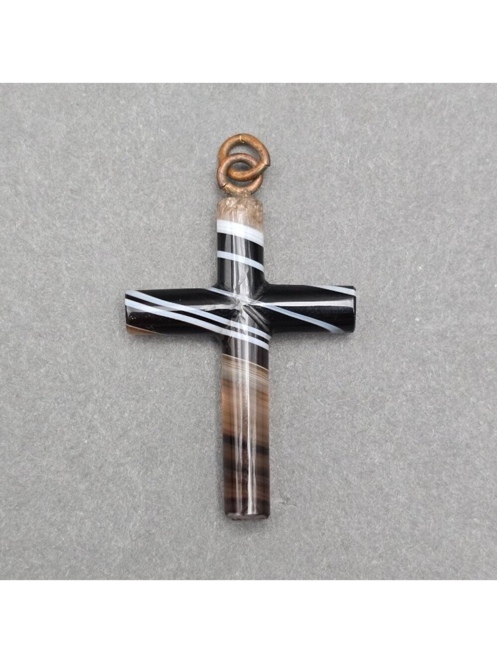 Antique Banded Agate Cross Pendant 1.5" Victorian Hand Carved Statement Piece